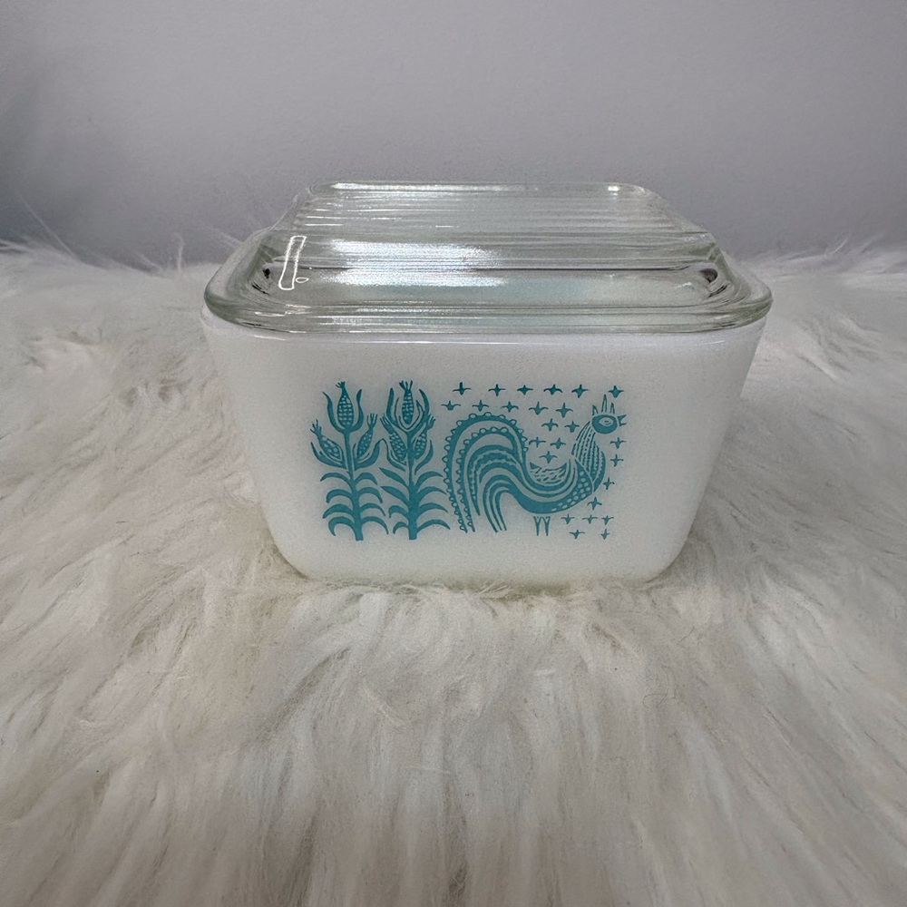 Vintage Pyrex White Milk Glass Amish Butterprint with Teal Rooster